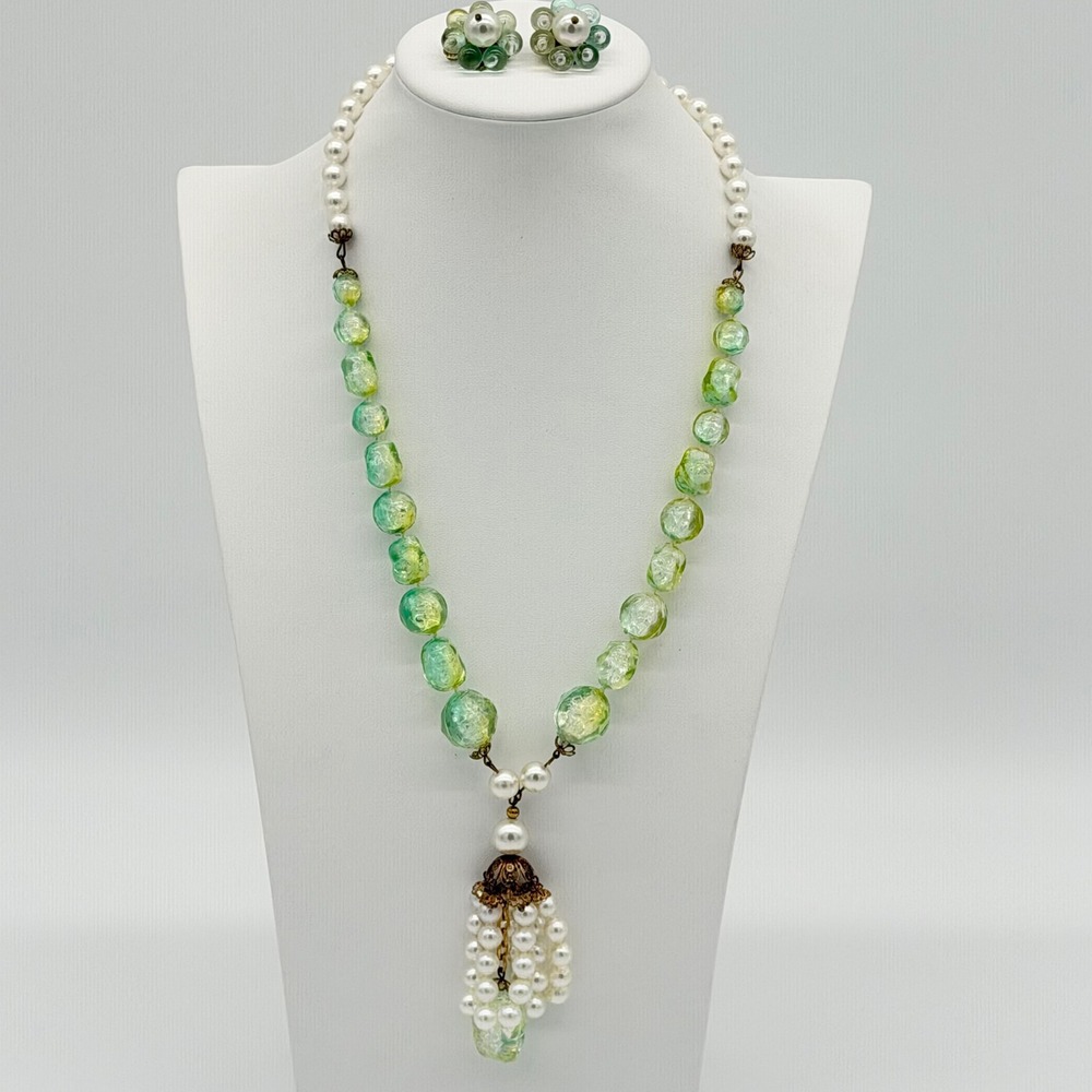 Vintage Lucite Bead‎ Pearl Filigree Tassel Necklace Set Clip On Earrings